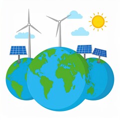 Renewable energy sources powering the Earth, symbolized by wind turbines and solar panels.