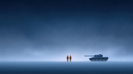 Fototapeta premium Two Silhouetted Figures Standing Beside a Tank in a Foggy Landscape