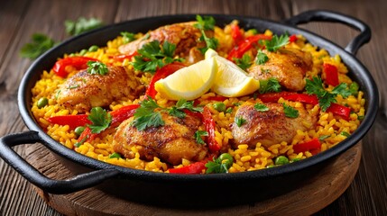 Traditional chicken paella cooking with rice, vegetables, and lemon
