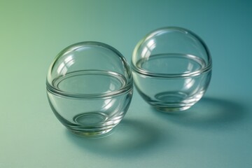 Two clear glass hollow spheres sit on a light green to blue gradient surface, casting soft shadows in a minimalist style.