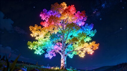 Ethereal Aspen Tree with Illuminated Rainbow Leaves