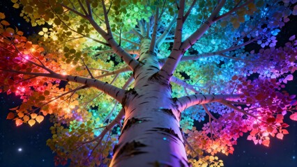 Shimmering Aspen Canopy in Rainbow Colors at Night