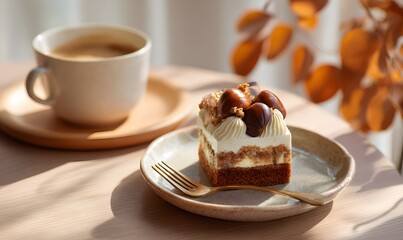 chestnut mont blanc dessert, sliced open to reveal layers of chestnut cream, whipped cream and sponge cake, topped with glazed chestnut, served on artisan ceramic plate, with a steaming cup of coffee 