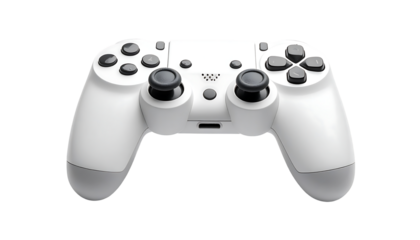 Sleek white wireless game controller, featuring two analog sticks, a directional pad, action buttons, and triggers.  Central touchpad visible
