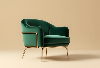 Modern green armchair with gold accents on a beige background