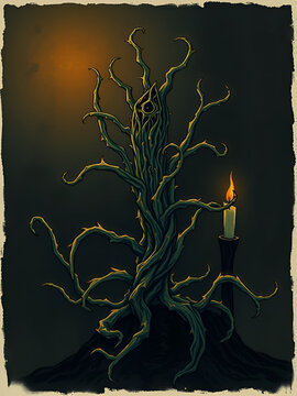 A dark gothic illustration of a mutated plant with glowing veins and thorny edges, growing ominously under dim candlelight