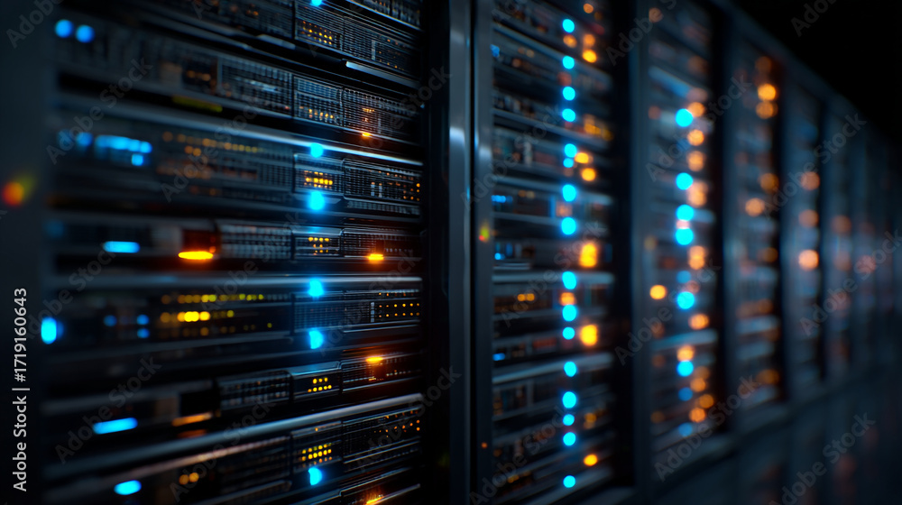 Poster a close up view of a server rack with glowing lights in a data center environment