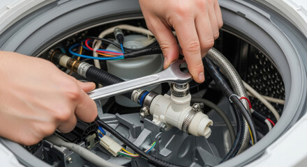 Hands of a technician using a wrench to repair a washing machine, showcasing intricate plumbing and electrical components, emphasizing the importance of appliance maintenance and repair skills