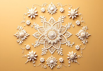 Intricate white floral lace doily on warm beige background