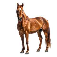 Obraz premium Chestnut horse standing, facing forward, exhibiting muscular build, short mane and tail, and a small white star on its forehead against a black background