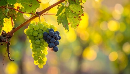Fototapeta premium Ripe green and purple grapes hanging from a vine in a sunny vineyard.