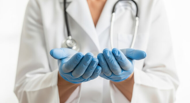 Medical professional wearing blue gloves is presenting open hands, showcasing readiness to assist patients, with a stethoscope around the neck, emphasizing care and compassion in healthcare