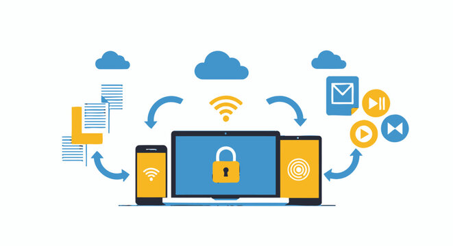 Secure cloud computing data synchronization and file sharing concept. Vector Illustrations. EPS Editable