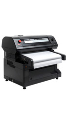 Sleek, black large-format printer with a roll of white paper feeding into it, angled slightly to the left, showcasing its control panel and output tray
