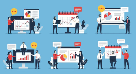 Set of business people analyzing data and financial charts. Vector Illustrations. EPS Editable