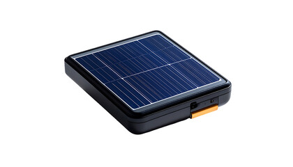 Compact, dark-grey solar panel encased in a protective shell, with a small orange port