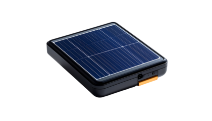 Compact, dark-grey solar panel encased in a protective shell, with a small orange port