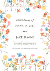 Luxury watercolor wedding invitation with hand drawn wild flowers and botanical leaves.