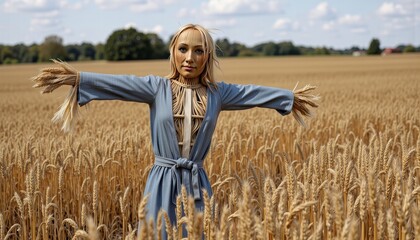 Straw-Mannequin Artistry: Captivating Realistic Mannequin In Wheat Field Blends Fashion And Nature Surrounded By Golden Wheat Stalks Under Blue Sky