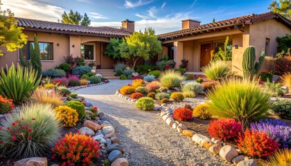 garden with flowers and houses