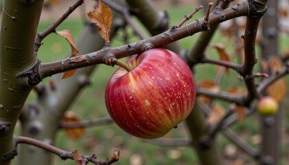 Vibrant Red Apple Hanging on a Tree Branch in an Orchard Setting with Autumn Leaves and Blurred Background