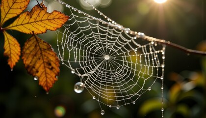 Intricate Spider Web Adorned with Morning Dew on Autumn Leaves Glistening in Early Sunlight Amidst Lush Greenery