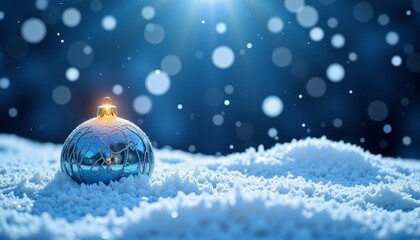 Shimmering Blue Ornament Nestled in Snowy Landscape Under a Glowing Moonlit Sky with Sparkling Snowflakes Creating a Magical Winter Atmosphere
