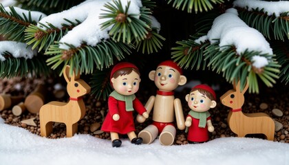 Charming Winter Scene with Wooden Toys Under Snow-Draped Evergreen Branches Featuring Deer and Dolls in Holiday Attire