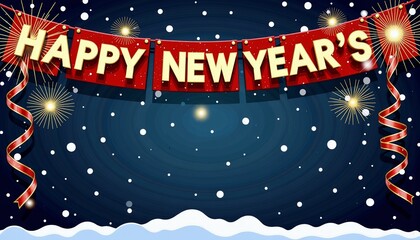 Festive New Year's Celebration Banner with Fireworks and Snowy Background Illuminating the Holiday Spirit in a Vibrant and Joyful Design