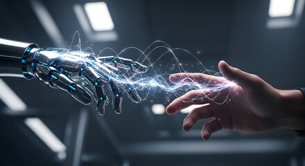 Human and Robot Hands Touching with Digital Connection Metallic Touch