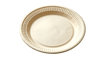 A single, round, off-white, disposable plate with a ribbed edge, shown from a directly overhead perspective against a black background