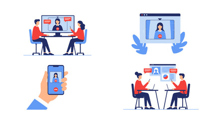 Set of flat vector illustrations for online video conferencing and remote work. Vector Illustrations. EPS Editable