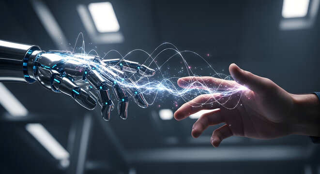 Human and Robot Hands Touching with Digital Connection Metallic Touch