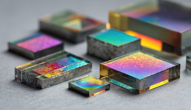 Close-up of colorful, iridescent, rectangular optical components