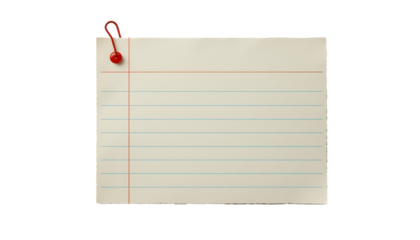 Index Card with Blue Lines and Red Paperclip Flat Lay Isolated PNG