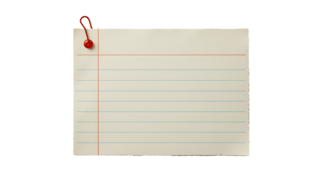 Index Card with Blue Lines and Red Paperclip Flat Lay Isolated PNG