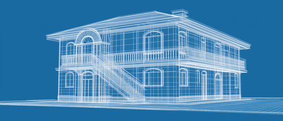 Realistic 3D blueprint wireframe drawing of a two-story house