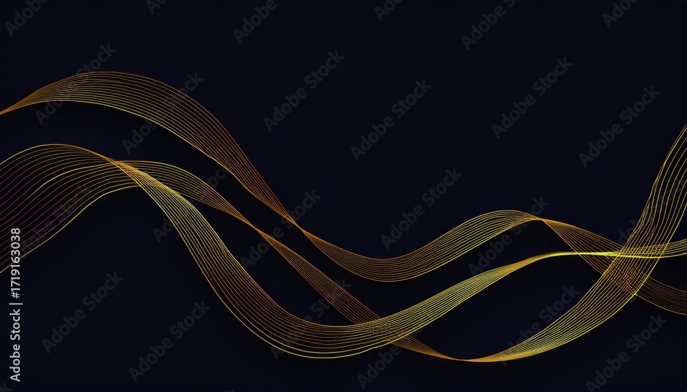 Poster golden abstract wave lines flowing across dark background with smooth gradient, modern futuristic te