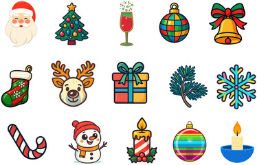 Colorful raster icon set for Christmas and New Year celebration with tree, gifts, reindeer, baubles, snowman, candle and pine branches on blue and white background, festive decorative design elements