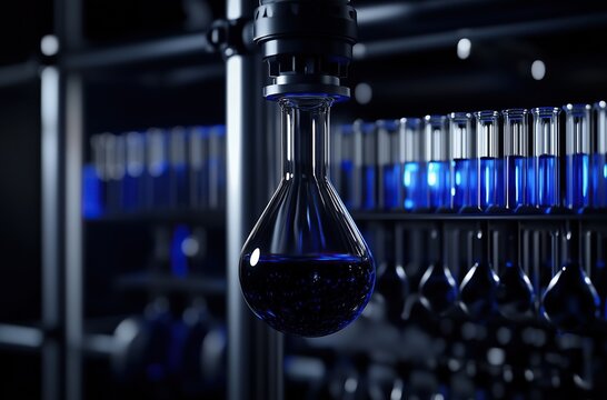Dark blue liquid in test tube suspended above production line of high-tech laboratory equipment scientific research industry concept
