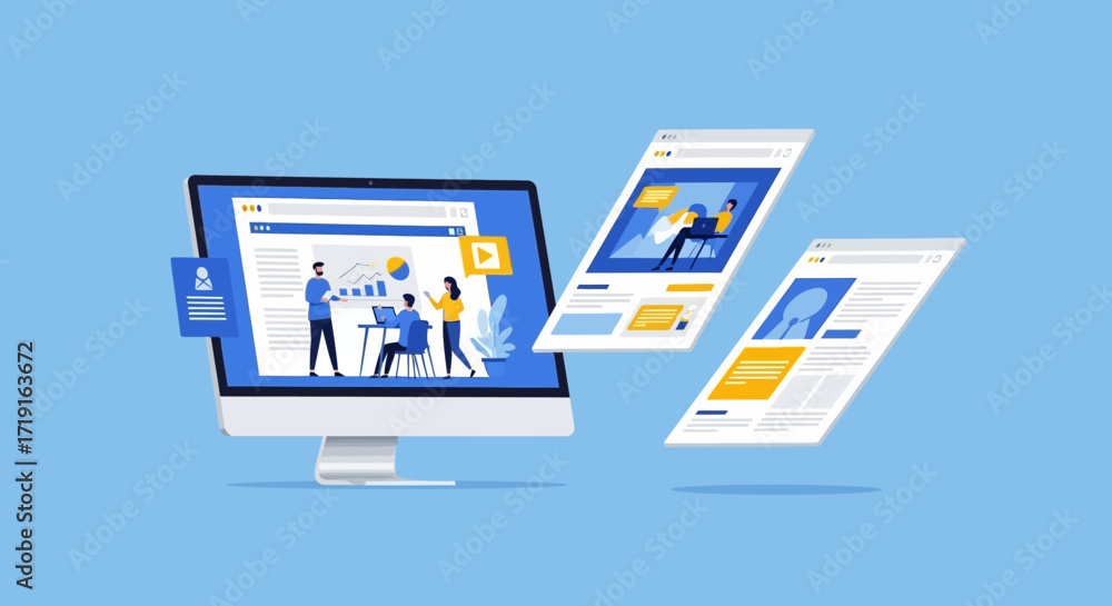 Wall mural team collaborating on responsive web design for desktop and mobile devices. vector illustrations. ep