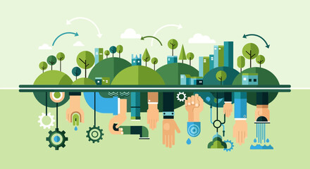 Sustainable Green City Concept with Industrial Mechanics Foundation. Vector Illustrations. EPS Editable