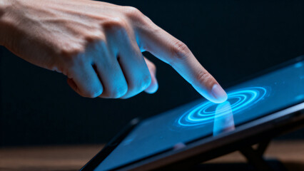 A hand interacting with a glowing touch interface on a digital tablet screen