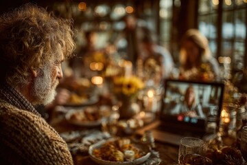 Family sharing holiday meal with relatives via video call, Thanksgiving celebration concept