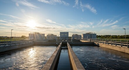 Modern water treatment facility with large tanks and flowing water under a bright, sunny sky showcasing industrial infrastructure and environmental engineering advancements