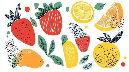 85.A set of modern abstract fruit illustrations, including strawberries, lemons, peaches, and oranges, hand-drawn with bold, simplistic lines and a splash of vibrant colors. Each fruit is depicted in