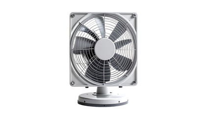 Square white plastic fan with five blades, mounted on a circular base, isolated on black background