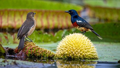 Fototapeta premium Two birds on a giant water lily pad