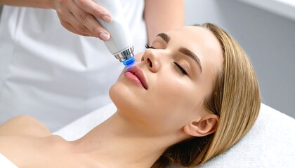 Woman receives facial treatment with blue light device