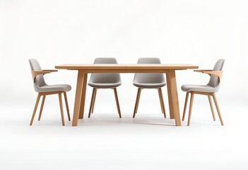 Modern wooden dining table with four gray chairs on a white background